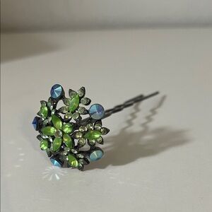 Floral Hair Pin with Green and Blue Gems